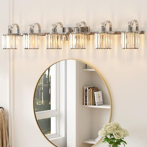 Image of GarveeTech Crystal Vanity Light Fixtures Modern Stainless Steel Crystal Bathroom Vanity Light Fixtures Chrome, 6 Light Vanity Light Bathroom Wall Lights Fixtures E26 Base(Exclude Bulb)