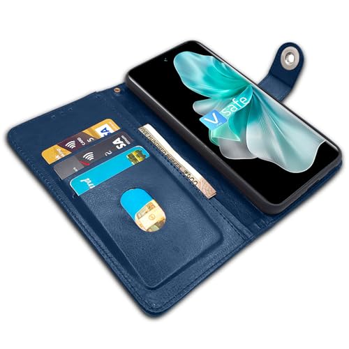 Image of Pikkme Vivo V30 5G Flip Cover Leather Finish | Inside TPU with Card Pockets | Wallet Stand and Shock Proof | Complete Protection Button Flip Case (Blue)