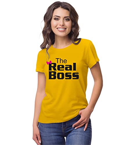Image of Hangout Hub Hangout-Hub024$P Couple Tshirts for Couples | Printed The Boss The Real Boss T-Shirts | Men's and Women's Round Neck T-Shirt (Pack of 2, Cotton, Half Sleeves)