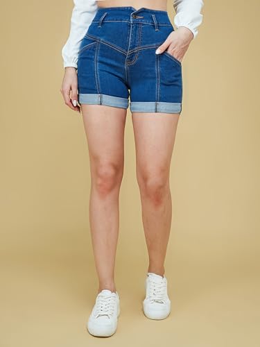 Image of Miss Chase Women's Relaxed-Fit High-Rise Stretchable Denim Shorts (MCAW25DEN62-73-987-26, Lonicera Blue, 26)