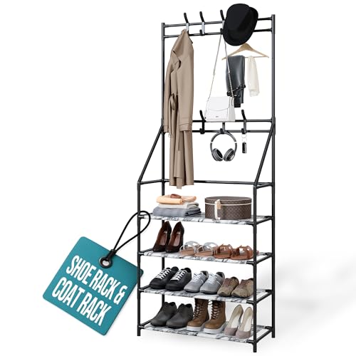 KLASS - Zapatero de 4 niveles y perchero ligero, organizador multiusos de almacenamiento de zapatos con 2 rieles para colgar y 8 ganchos, organizador de entrada y pasillo para zapatos y accesorios