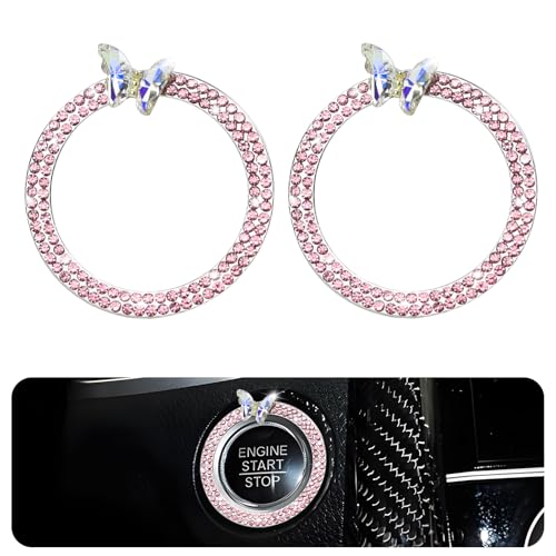 Wuyaoyao 2PCS Bling Car Push Start Button Decoration Ring, Rhinestone Car Engine Start Stop Button Cover, Auto Key Ignition & Knob Bling Ring, Sparkling Push to Start Button Sticker (Pink)