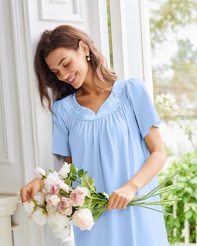 Image of Ekouaer Moo Moos for Women House Dress With Pockets Cotton Nightgowns Short Sleeve Night gowns Embroidered Mumu Dress