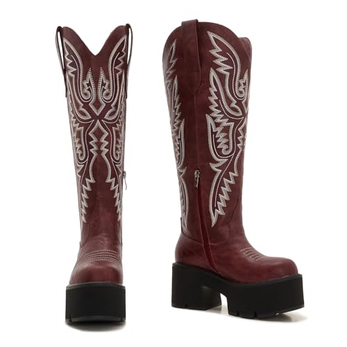 Image of Uillnoodu Women's Red Platform Cowgirl Boots with Zipper - Western Knee-High Chunky Sole Cowboy Boots