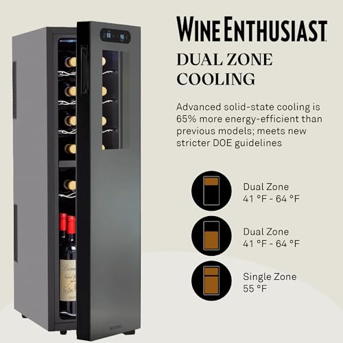 Image of Wine Enthusiast 18-Bottle Slimline Dual Zone Wine Cooler - Energy Efficient Freestanding Wine Refrigerator - Upright Bottle Storage, Adjustable Thermostat, Digital Touchscreen (20.5 inch x 10.7 inch x 36.8 inch)