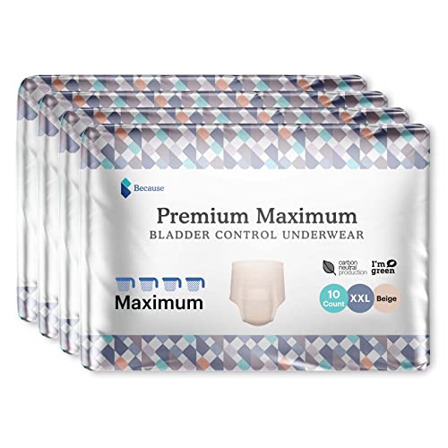 Because Premium Maximum Plus Pull Up Underwear for Women - Absorbent Bladder Protection with a Sleek, Invisible Fit - Beige, XX-Large - Absorbs 4 Cups - 40 Count