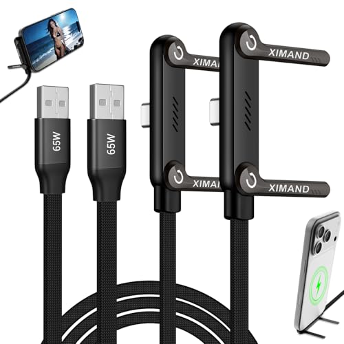 Image of Invisible Holder Charger Cable, 65W Fast USB to USB-C Cable 1.5 M /4.9 FT with 360 Adjustable Phone Stand, 2 in 1 Holder Charger for Gaming, Office, Home, Video Watching, Black, 2 pack
