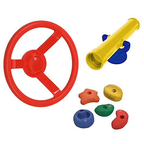 WICKEY Spielturm Zubehör Set - Accessoires für Spielturm, Schaukel, Klettergerüst und Garten Spielgeräte bestehend aus Klettersteinen, Lenkrad und Teleskop