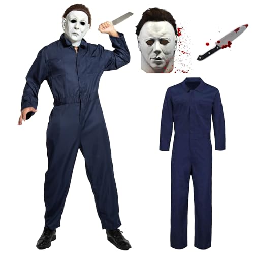 Yearsahrk 3-Teiliges Michael Myers Kostüm für Erwachsene Herren Horror Overall Scary Killer Maske Karneval Halloween Kostüm Outfits