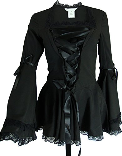 -Gothic Romance- Black Bell Sleeve Ribbon Lace Corset Victorian Steampunk Top (Large)