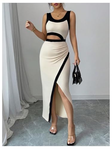 GORGLITTER Women's Color Block Bodycon Maxi Dress Sleeveless Cut Out Ruched Summer Church Easter Graduation Long Dress3