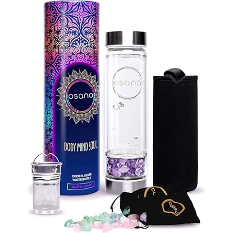 OSANA Crystal Water Bottle with 3 Changeable Healing Crystals – Amethyst, Rose Quartz, Green Fluorite – Loose Leaf Tea Bottle – Gem Elixir Infused Glass Water Bottle - 16.9 oz Cover