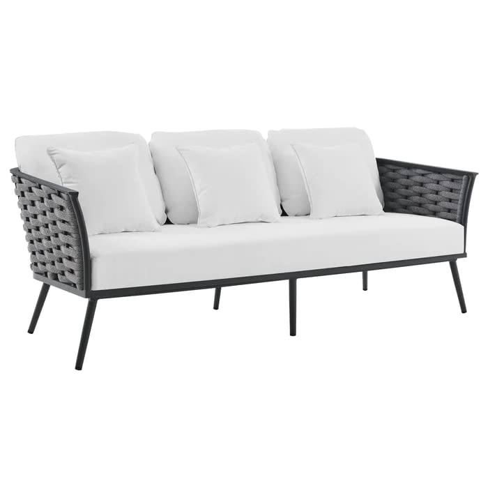 Mymigos Patio Furniture Set, 4 Pieces Porch Backyard Garden Outdoor Furniture Rope Sofa Set and Wooden Top Table Conversation Set in Grey and White Color 2