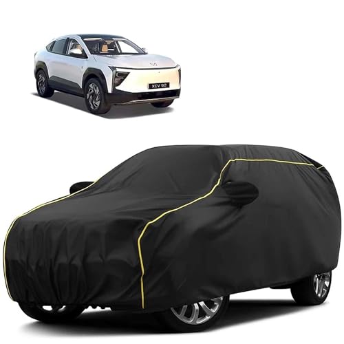 Image of Sulfar 100% Water Resistant Car Body Cover Compatible with Mirror for Mahindra XEV 9e (Triple Stitched, Full Bottom Elastic, Black Tafetta with Yellow Piping)