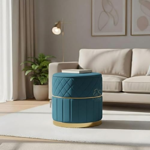 Image of ENIQE STORE Set of 2 Round Velvet Ottoman Footstool Gold Base - Tufted Upholstered Pouffe Stool for Living Room, Bedroom & Dressing Area (Aqua)