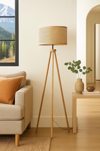 Image of AKWAY Bamboo Tripod Floor Lamp for Living Room Cane Floor Lamp for Home Rattan for Living Room Standing Lamp Wooden Floor Standing lamp for Bedroom (Bulb Not Included) (Wooden 14 inch x 8 inch Eye Webbing)