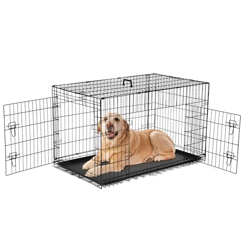 Image of Sweetcrispy 48 Inch Dog Crate, Medium Large Dog Cage, Foldable Pet Kennel | Double Door, Metal Kennel, Secure Lock, Removable Tray, Indoor Outdoor Training Travel
