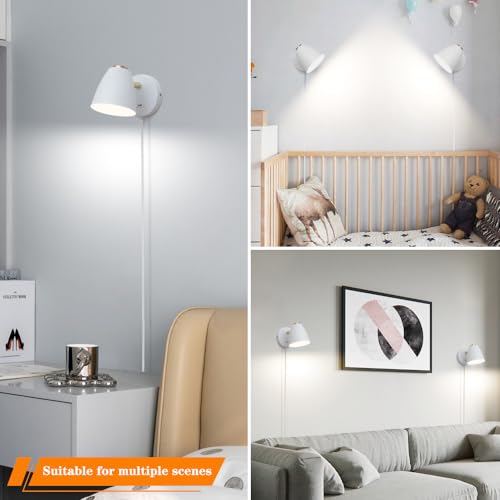 Modern Plug in Wall Light, Adjustable Angle 100°&330°White Plug in Wall Sconce, 3 Color Changeable Indoor Sconce Small Wall Mounted Reading Light, LED Wall Lamp as Kid Room Living Room Bedroom - Image 6