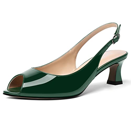 SKYSTERRY Women's Patent Dress Slip On Wedding Slingback Peep Toe Spool Low Heel Pumps Shoes 2 Inch