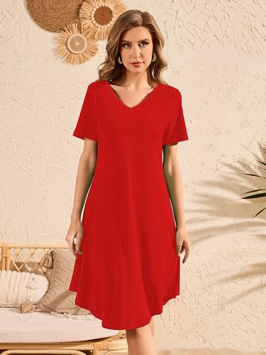 Image of DEARCASE Summer Dresses for Women V-Neck Short Sleeve T Shirt Dress Casual Flowy Swing Beach Vacation Mini Sundress