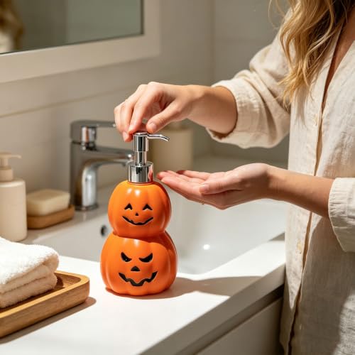 6.3in Glossy Pumpkin Shaped Soap Dispenser for Halloween Bathroom Decor - image 7