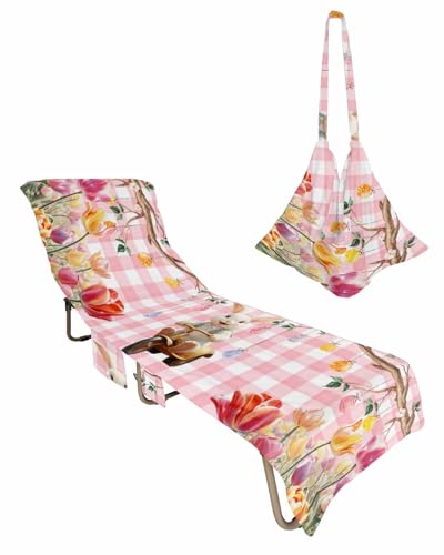 Pink Plaid Easter Beach Lounge Chair Towel Cover, Soft Chaise Lounge Towel with Side Pockets Patio Pool Chairs Cover for Beach/Pool Sunbathing 29x85 Colorful Tulip Spring Floral Eggs
