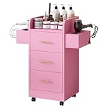 Beauty Salon Station for Hair Stylist, Salon Station Storage Cabinet with Wheels & Pink Gold Handle, Rolling Beauty Station with 3 Drawers & 6 Hair Dryer Holders, Pink