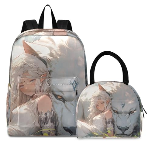 White Lion Lady Print Backpack Set with Lunch Bag, Large Capacity Travel Backpacks and Lunch Box Insulated for Commute Hiking Picnic