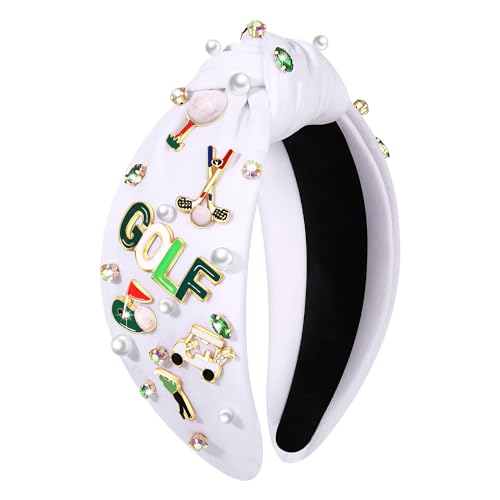 Golf Headbands For Women Golf Accessories Golf Ball Flag Bag Cart Club Headbands Jeweled Rhinestone Pearl Knotted Headband Sport Game Day Headband Golf Hair Accessories Outfits Gifts (Pattern B)