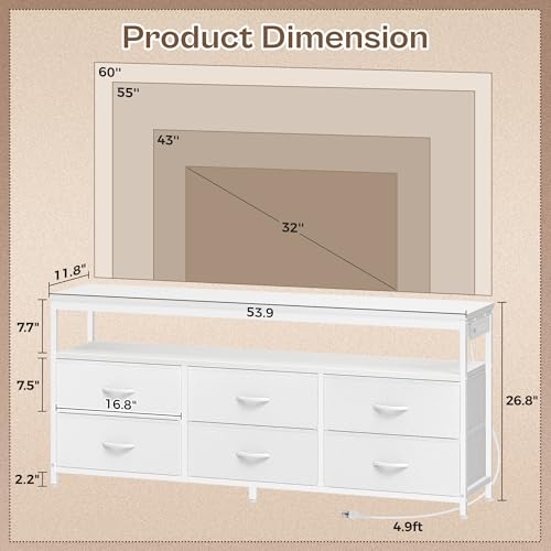 Huuger LED TV Stand for Bedroom, 55 Inch Fabric Dresser with Power Outlets, Entertainment Center for 60, 55, 50 Inch TV, 6 Drawer Dresser for Bedroom, Chest of Drawers with Shlef, PU Leather, White