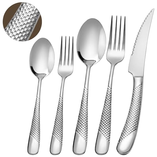 Runfly 20 Piece Hammered Silver Silverware Set, 18/10 Stainless Steel Flatware Set, Modern Kitchen Utensil Set Service for 4, Tableware Set, Cutlery Set Including Fork Spoon and Knife