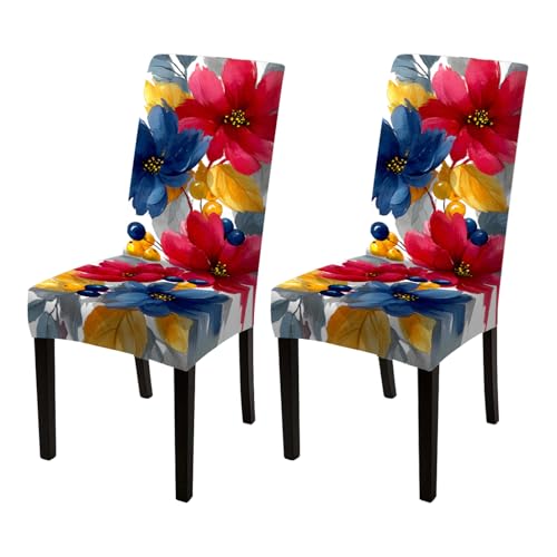 Image of Nuxovilar 2PCS Vibrant Watercolor Floral Stretch Chair Covers | Stretch Slipcover Floral Protector Flower Wrap Seat Guard Dining Room Family Kitchen Festive Party (Vibrant Rose)