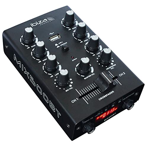 Ibiza - MIX500BT - Mezclador semiprofesional de 2 canales con entradas de línea y micrófono y salidas de auriculares, RCA y de grabación - Bluetooth y USB - Negro