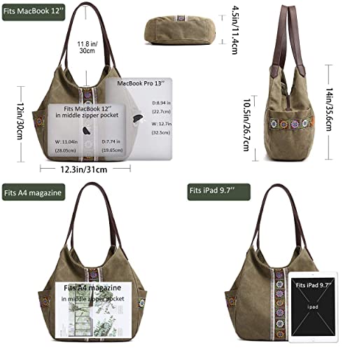 Image of Worldlyda Women Canvas Hobo Purse Multi Pocket Tote Shopper Shoulder Bag Casual Top Handle handbag with Embroidery Ethnic
