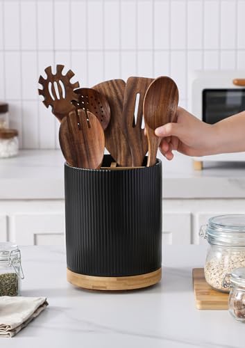 Image of LoeJan 3 Compartment Utensil Holder, Extra Large Utensil Crock, Stable Ceramic Utensil Organizer, Cooking Tool Organizer Set for Kitchen Counter Farmhouse Decor (B-Black(Vertical Stripe))