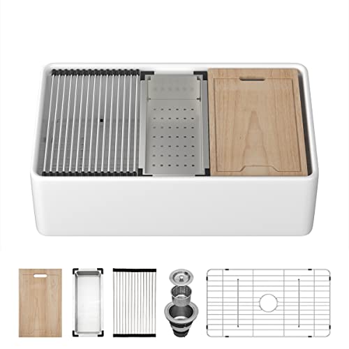 Kichae 33 Inch White Farmhouse Sink Workstation Apron Front Sink Farm Kitchen Sink with Slide Ledge Fireclay Ceramic Porcelain Single Bowl Farmer Kitchen Sink Basin with Accessories Kichae 33 Inch White Farmhouse Sink Workstation Apron Front Sink Farm Kitchen Sink with Slide Ledge Fireclay Ceramic Porcelain Single Bowl Farmer Kitchen Sink Basin with Accessories