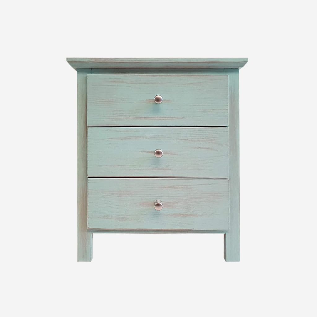 Mesita de Noche de 3 cajones Fabricada en Madera de Pino Silvestre acabada en Verde Turquesa Envejecido no Requiere Montaje