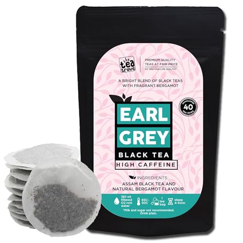 Image of The Tea Trove Earl Grey Tea Bags - 40 Eco-Friendly Earl Gray Black Tea Bags in Resealable Pouch, Natural Bergamot Flavor Blended with Fine Assam Black Tea, Highly Caffeinated Bergamot Tea, 80g