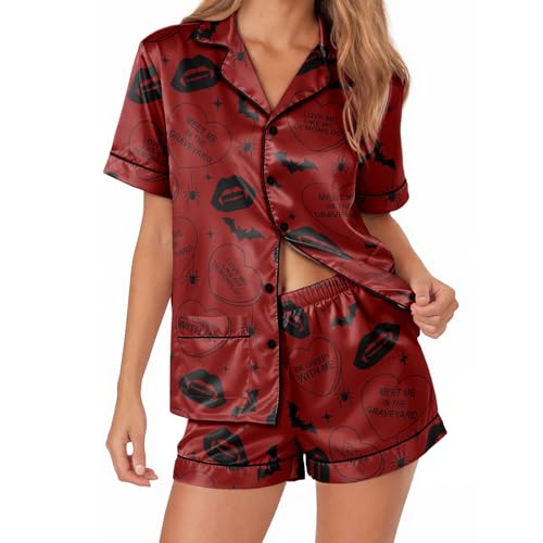 Image of Women's satin pajamas set, Short-sleeve button down Loungewear | Exclusive print on soft satin fabric; breathable comfort for sleep or lounge; button front top, elastic shorts; easy care