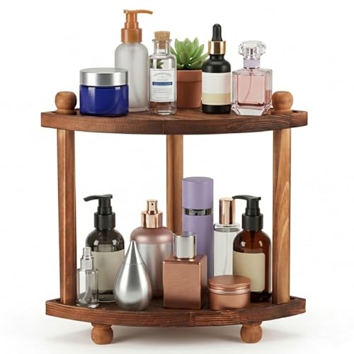 Corner Bathroom Counter Organizer 2-Tier Bathroom Organizers and Storage Wooden Vanity Perfume Organizer Makeup Countertop Shelf for Kitchen Dresser