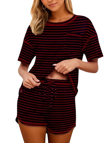 Image of KCW Pajamas for Women Set 2 Piece 100% Cotton Lounge Sets Short Sleeve Top and Shorts Pj Set Sleepwear Outfits