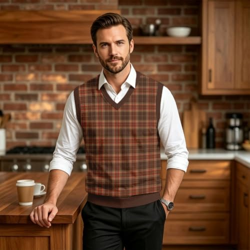 Christmas Sweater Vest Men V Neck Plaid Knit Lightweight Pullover Sweater - image 4