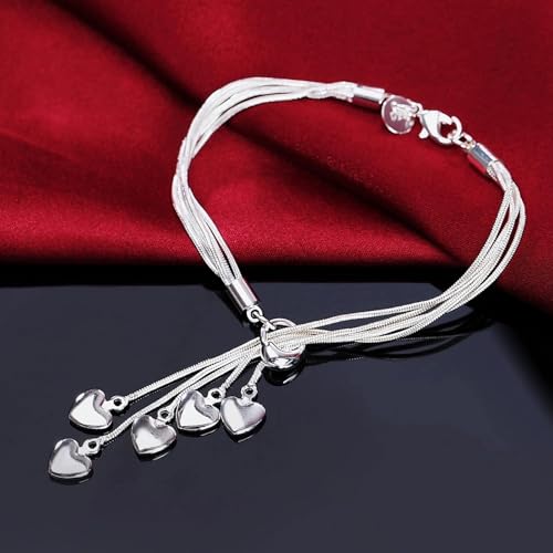 925 Sterling Silver Five-Line Chain & Heart Charm Bracelet Set – Elegant Stackable Bangle2