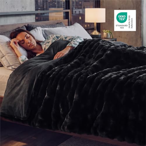 Image of Bedsure GentleSoft Bubble Faux Fur Blankets Queen Size, Fluffy Fuzzy Queen Blanket for Bed, Soft Cozy Faux Fur Bedding for Winter, Thick Warm Plush Bed Cover, Black, 90x90
