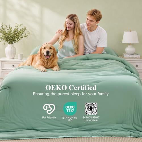 Image of MUXHOMO Cooling Comforter Set Queen Size, Lightweight Summer Comforter for Hot Sleeper, Reversible Bedding with ICY Cooling Surface, Includes 1 Comforter (90 inchx90 inch) and 2 Shams (20 inchx 26 inch), Sage Green
