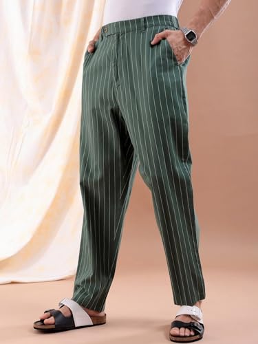 Image of The Indian Garage Co Men Relaxed Cropped Vertical Striped Mid-Rise Trousers