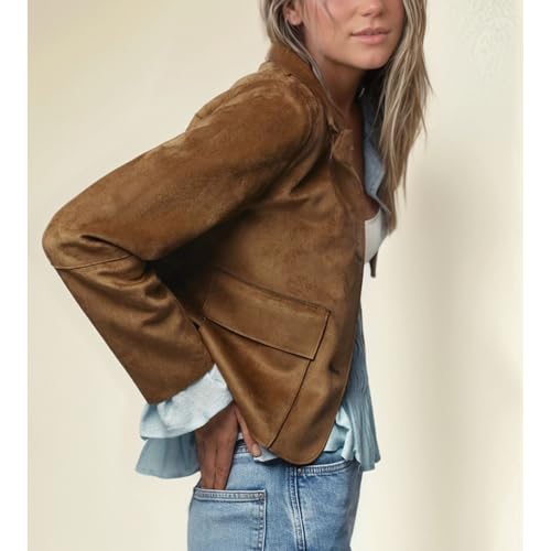 Xunger Women's Retro Faux Suede Bomber Jacket Cropped Lapel Coat Button Front Pockets Casual Streetwear Oversized Outerwear4