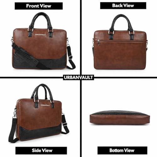 Image of Premium Vegan Leather Laptop Bag for Men | Office Briefcase with Shoulder Strap | Stylish Business Messenger Bag for 15.6 Inch Laptop, Documents & Travel (Tan & Black)