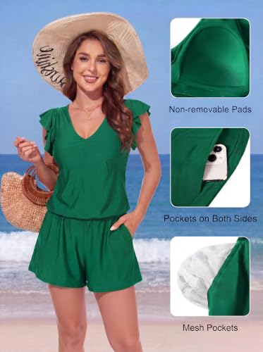 Image of Smismivo Swim Romper with Built in Bra and Pockets Swim Dress Modest One Piece Swimsuit Full Coverage Bathing Suit