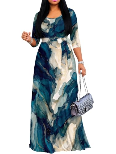 Image of PinkPatty Plus Size Maxi Dress for Women Casual V Neck 3 /4 Sleeve Boho Printed Long Dress with Pockets